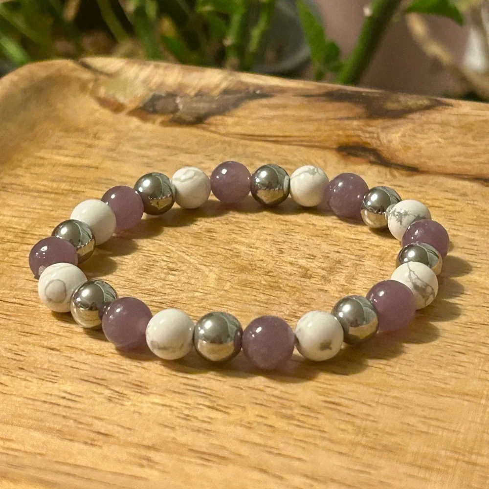 Handmade Lepidolite + Howlite + Hematite Beaded Bracelet